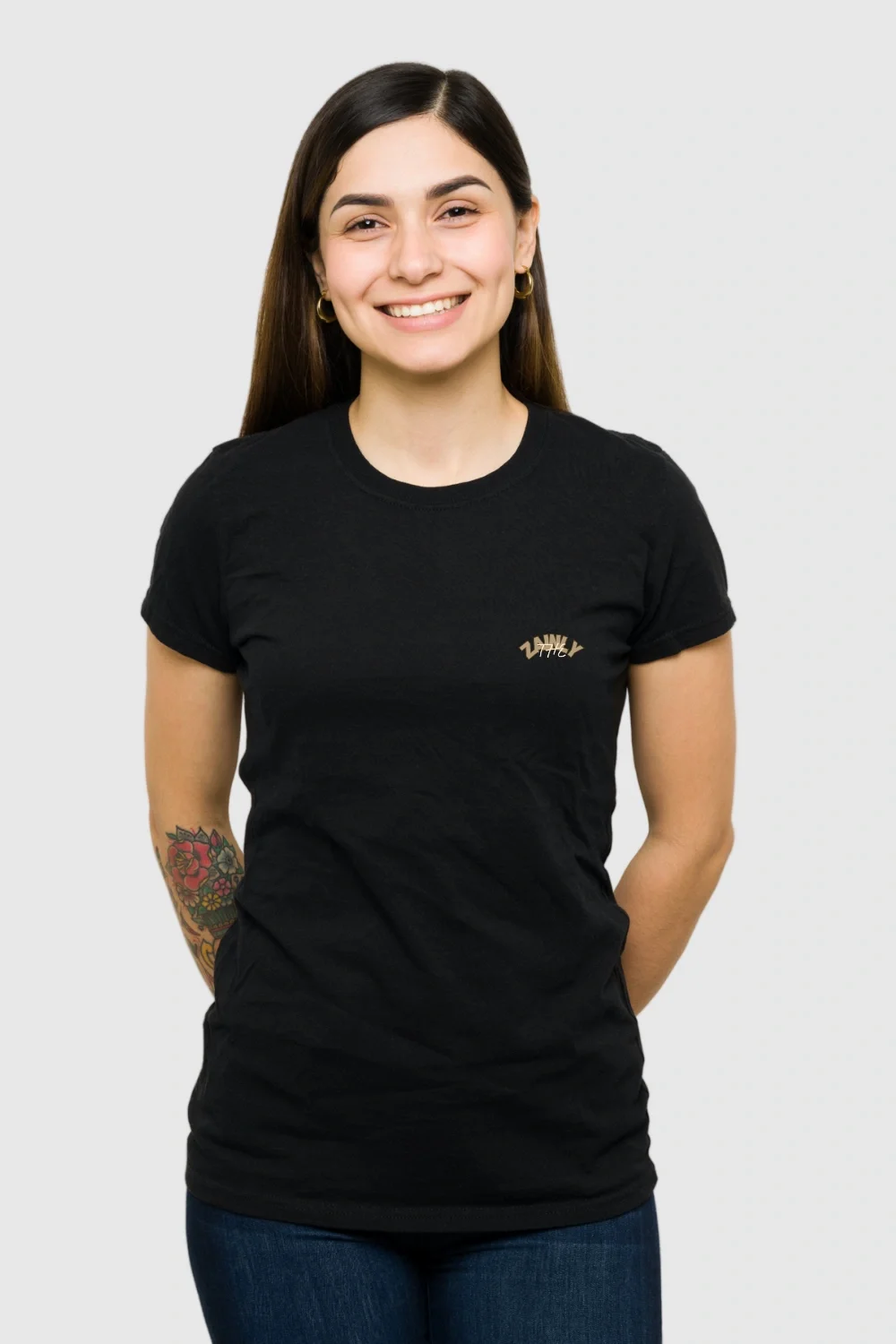 Front view of Great Things Await – Girls' Black Graphic T-Shirt with Bunny Print