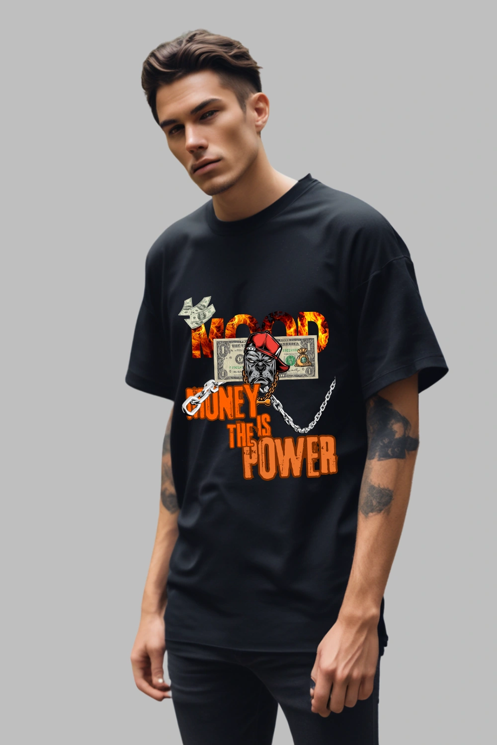 Front view of Money Is Power Bulldog Oversized T-Shirt – 240 GSM Heavy Cotton for Men