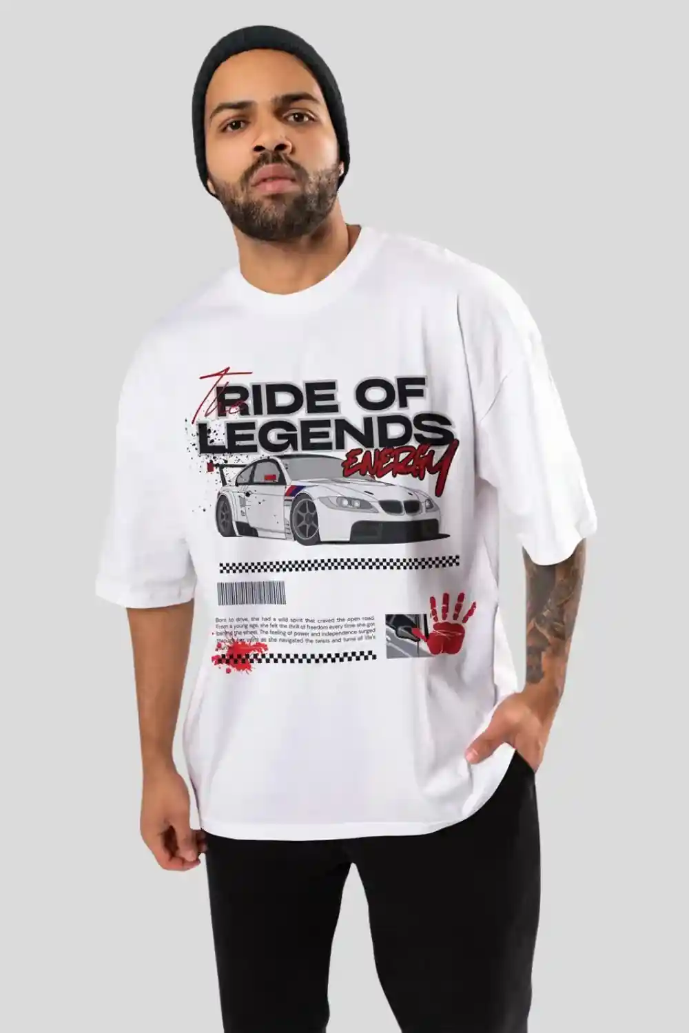 Front view of Men's Oversized Baggy Printed T-Shirt | "Ride of Legends" Car Graphic - ₹899