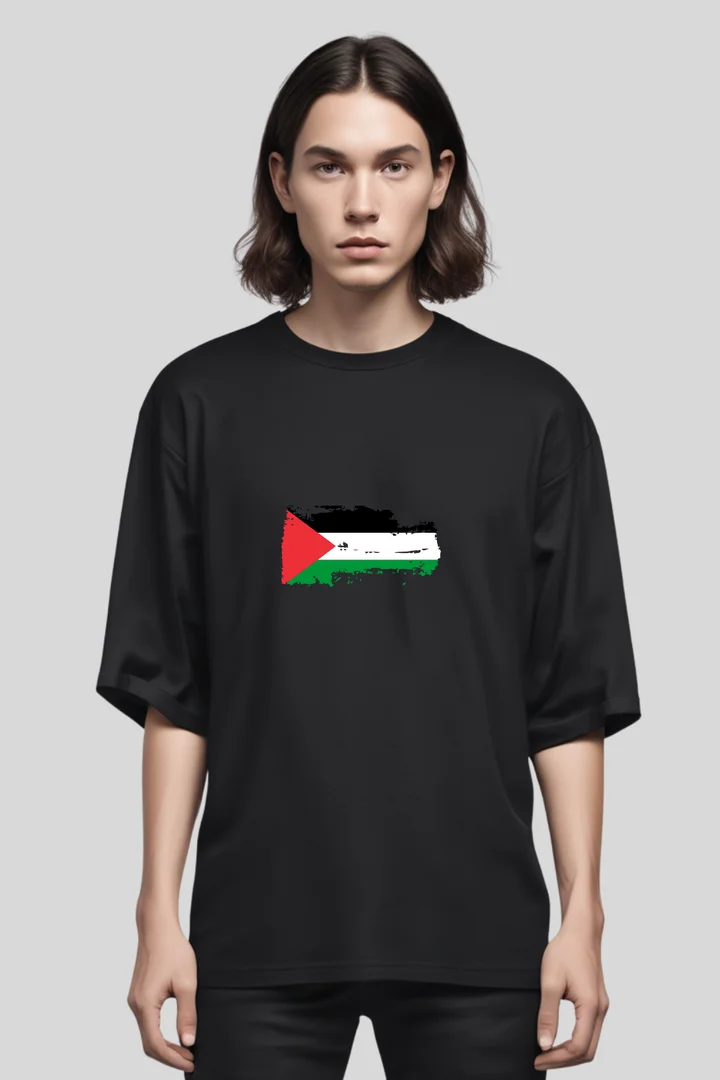 Front view of Palestine Flag Oversized T-shirt for Men – Black Cotton Statement Tee | THE ZAINLY