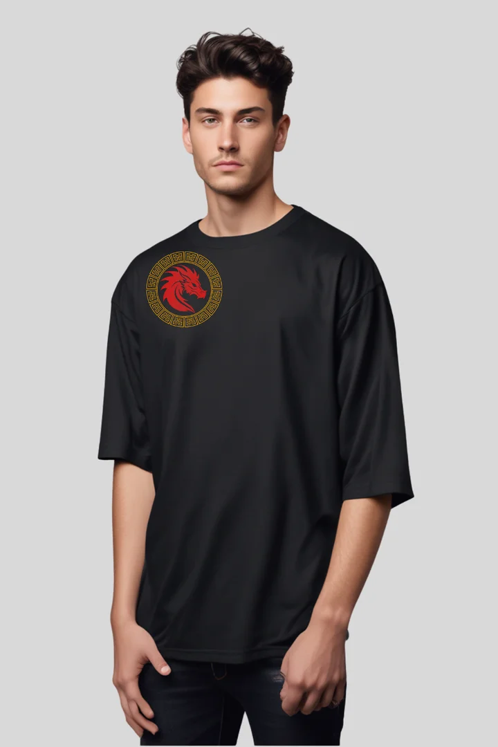 Front view of Dragon Chinese Oversized T-shirt for Men – Streetstyle in Black | THE ZAINLY