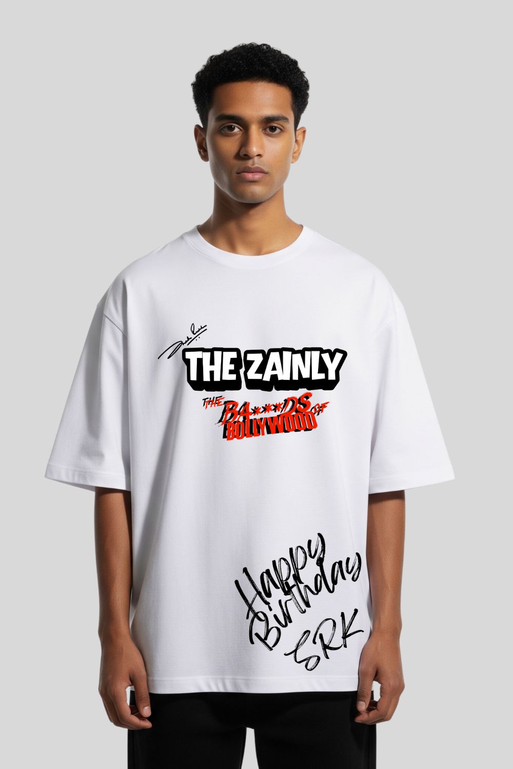 Front view of The Zainly Shah Rukh Khan "King of Bollywood" Oversized T-Shirt for Men