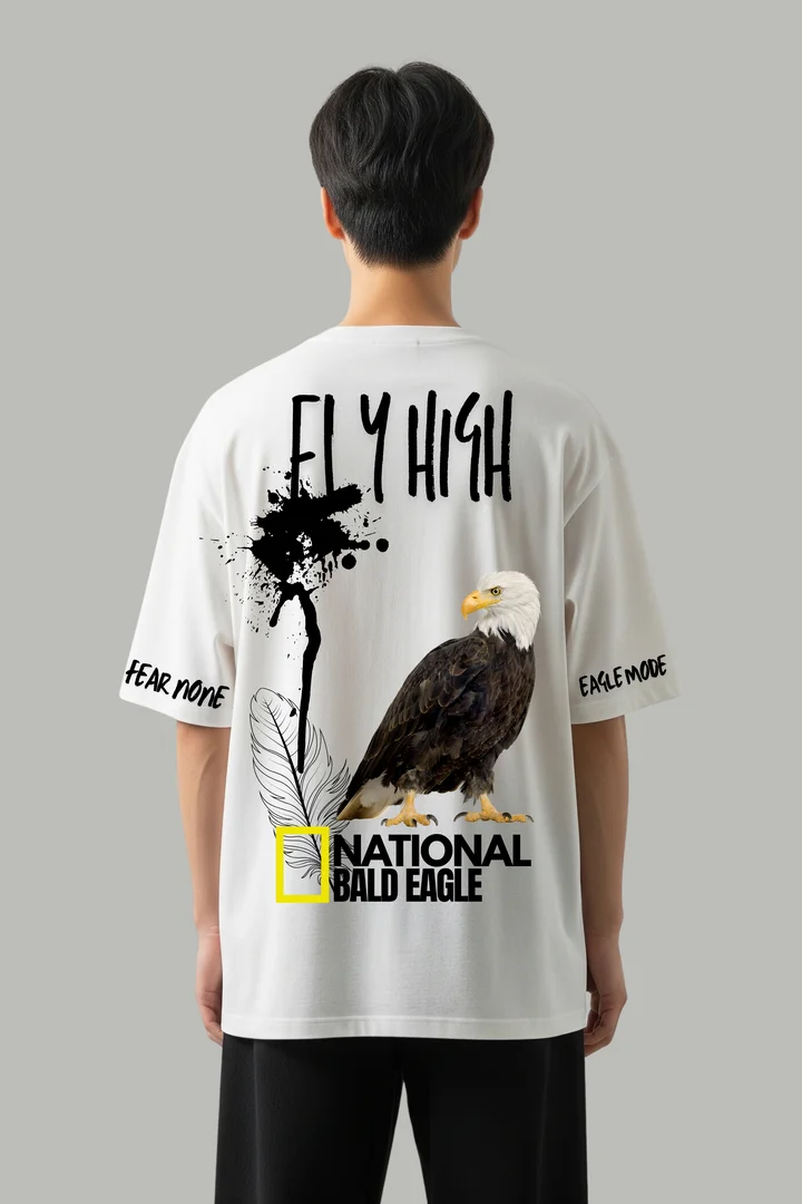Front view of "Fly High, Fear None" Bald Eagle Graphic Oversized Drop Shoulder Unisex T-Shirt