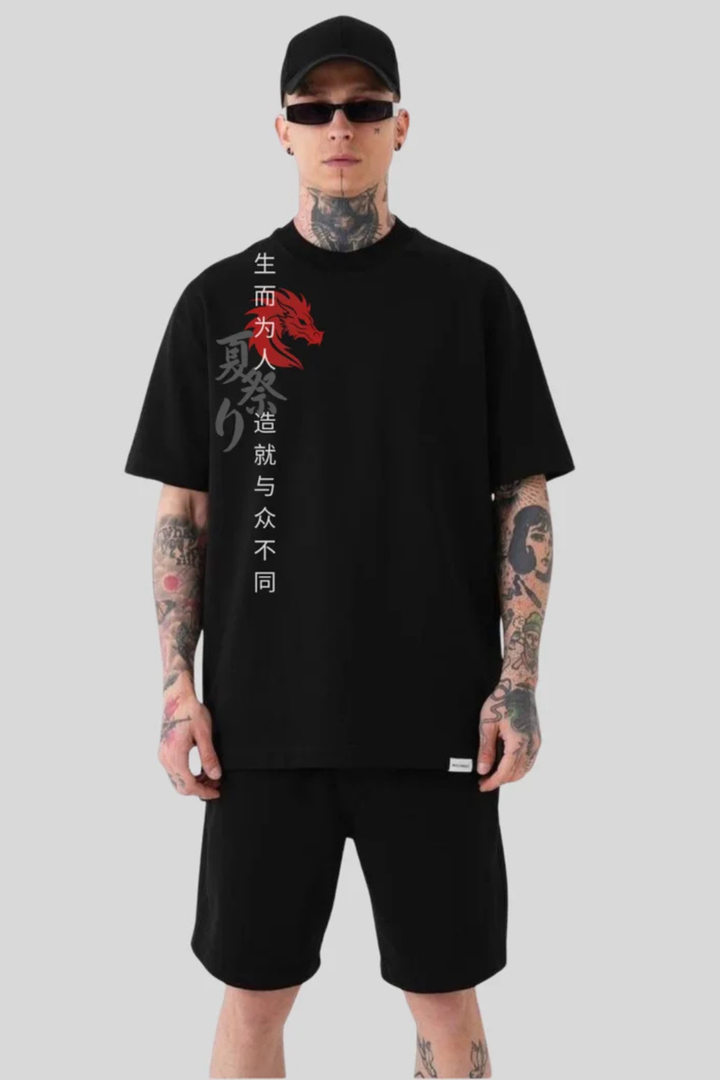 Front view of Oversized Black T-Shirt for Men – Chinese Typography & Dragon Design
