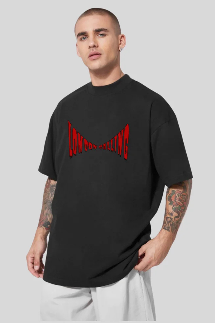 Front view of Oversized Black T-Shirt for Men – London Calling Text Print