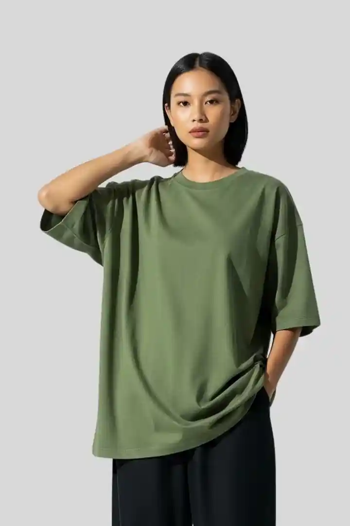 Front view of Women’s Plain Oversized T-Shirt – Olive Green | 240 GSM Cotton | THE ZAINLY